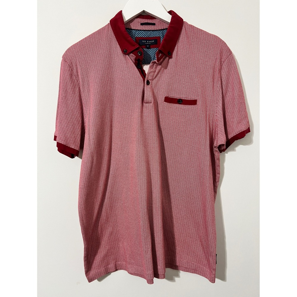 TED BAKER Red Polo Shirt Excellent Short Sleeve Textured Cotton Mens 6 M/L